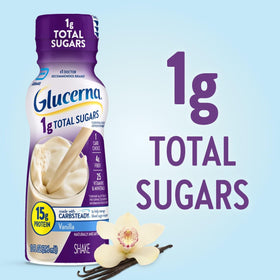 Glucerna vanilla label closeup highlights CARBSTEADY approach and 1g total sugars