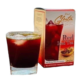 GlutaLipo red iced tea box showing mangosteen flavor and moringa flakes for a refreshing daily drink
