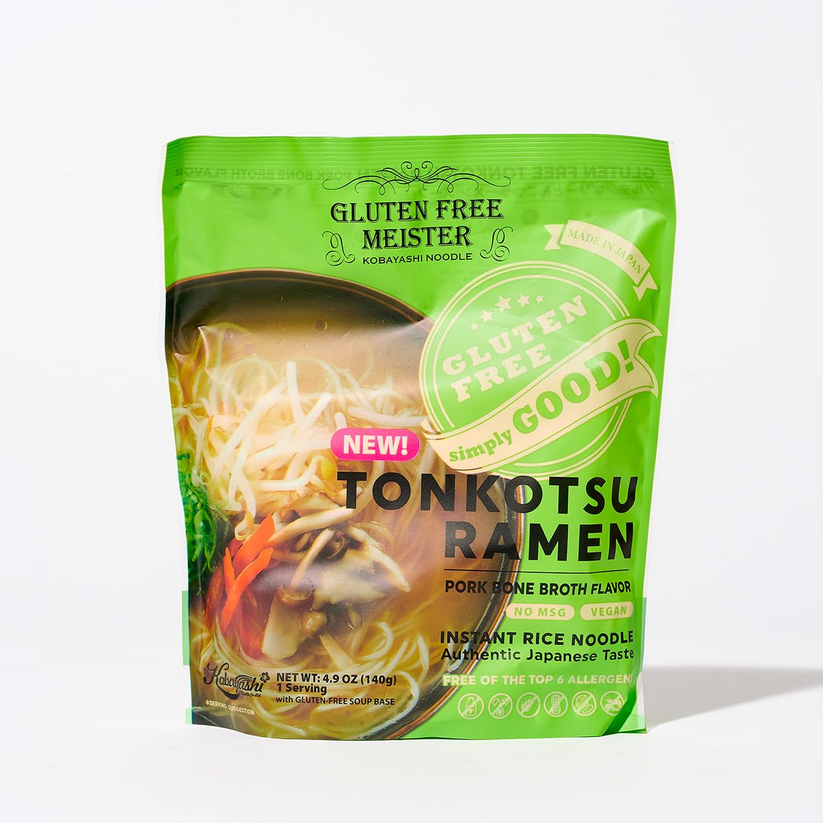 Gluten Free Meister Tonkotsu ramen packaging highlights vegan, gluten-free base.