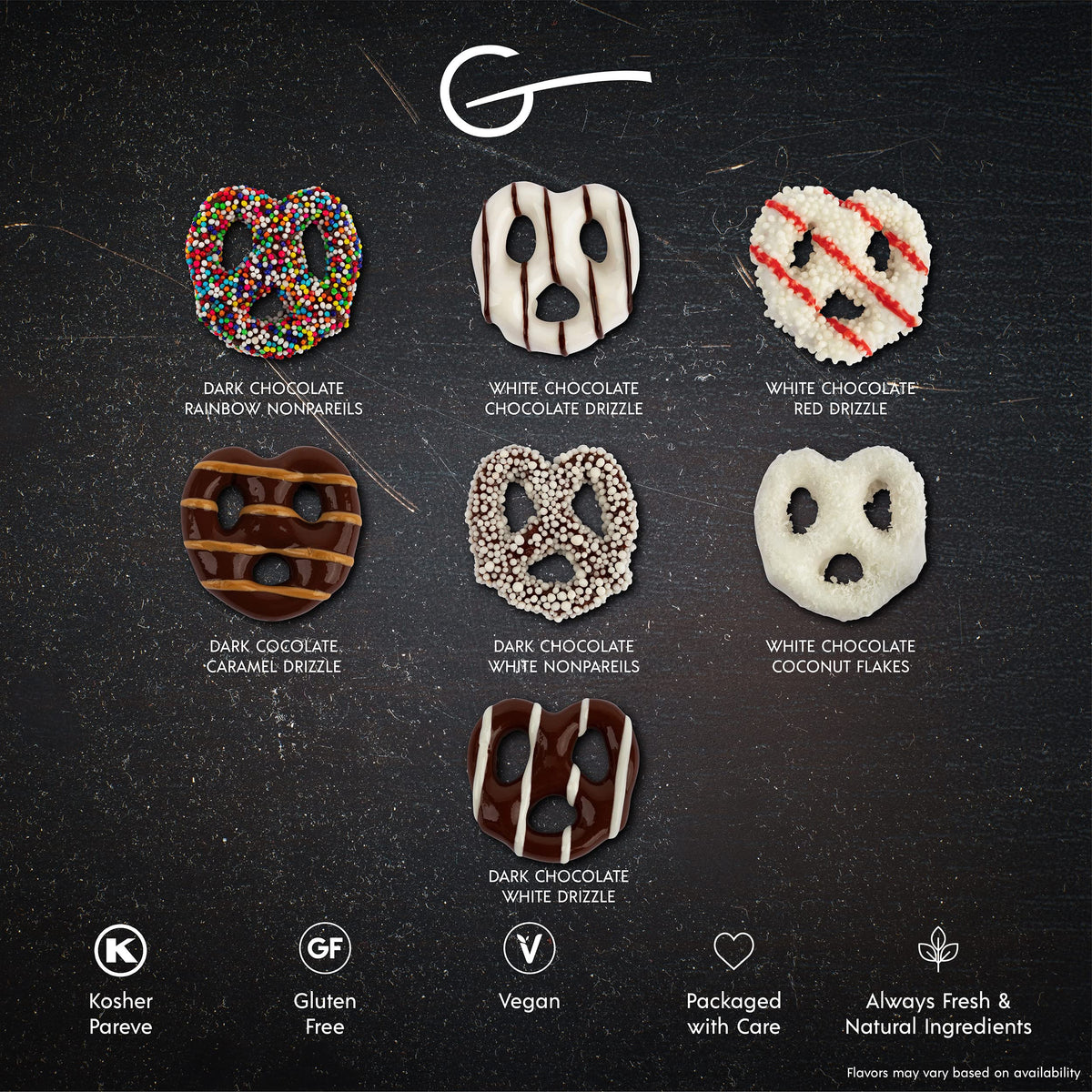 GLUTEN FREE PALACE chocolate-dipped pretzels closeup with glossy coating.