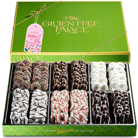 Gluten Free Palace chocolate pretzels gift box cover showcasing six flavors, ideal for gifting