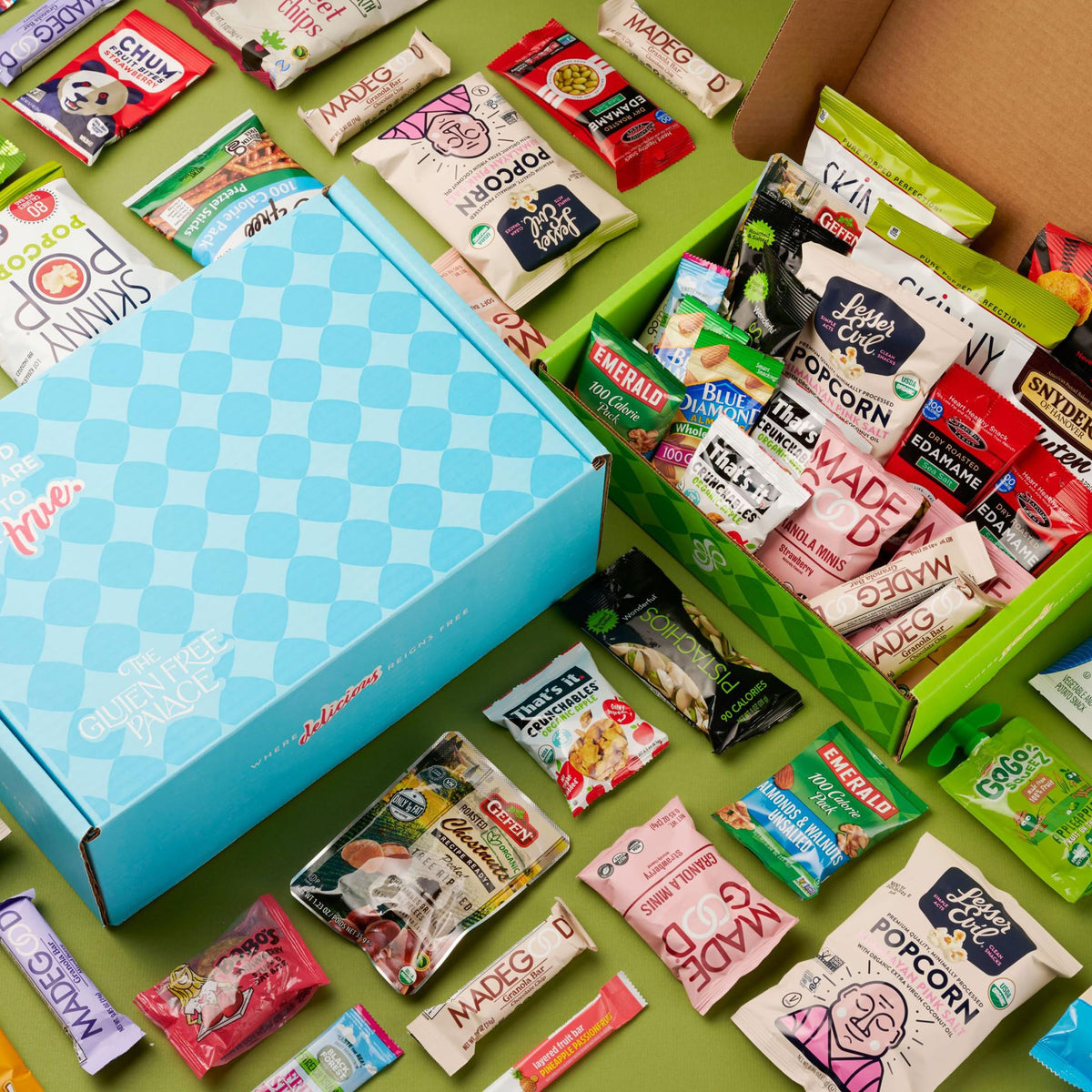 Gluten Free Palace Deluxe Snacks box open, revealing colorful vegan gluten-free treats for study sessions.