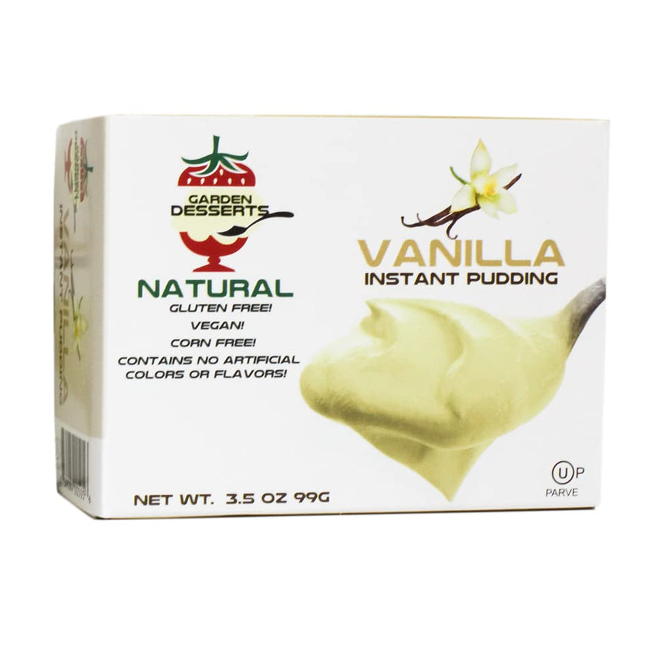 Gluten Free Palace Garden Desserts vanilla pudding mix box front shows vegan, gluten-free dessert option.
