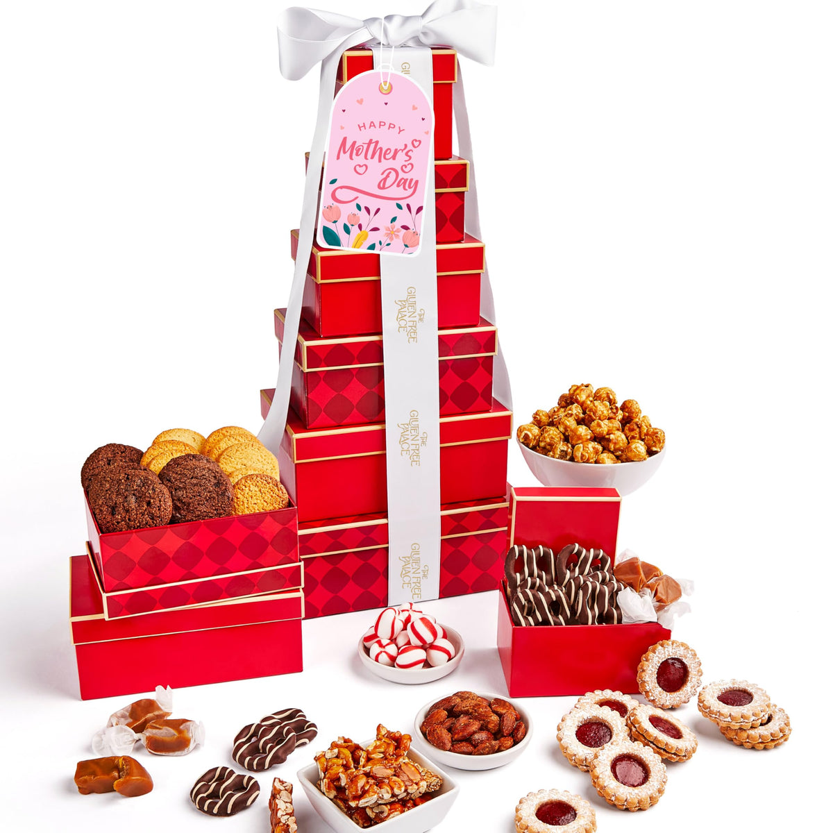 Gluten Free Palace Gift Tower assembly showcases an elegant 6-tier presentation for celebrations.