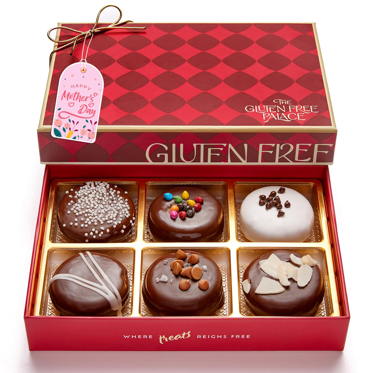 Gluten Free Palace gourmet cookie gift box showcases premium chocolate variety for gifting.