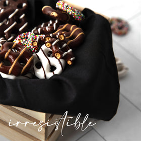 Closeup of gluten free pretzels with chocolate coating from Gluten Free Palace