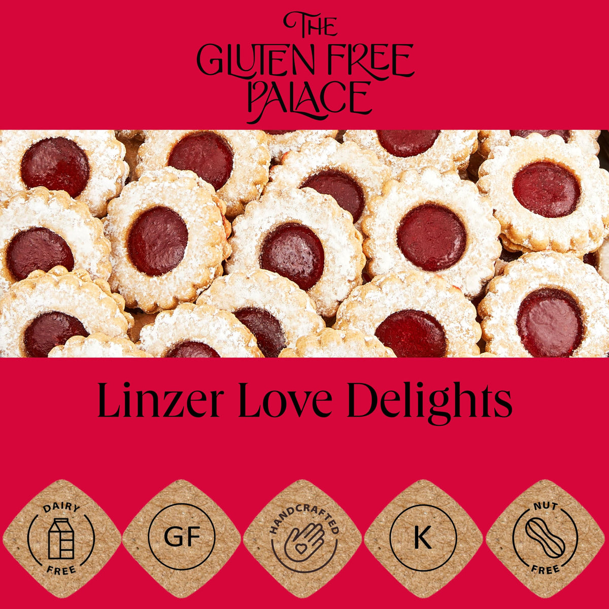 Gluten Free Palace powdered sugar finish enhancing the delicate linzer tart cookies for a bakery appeal