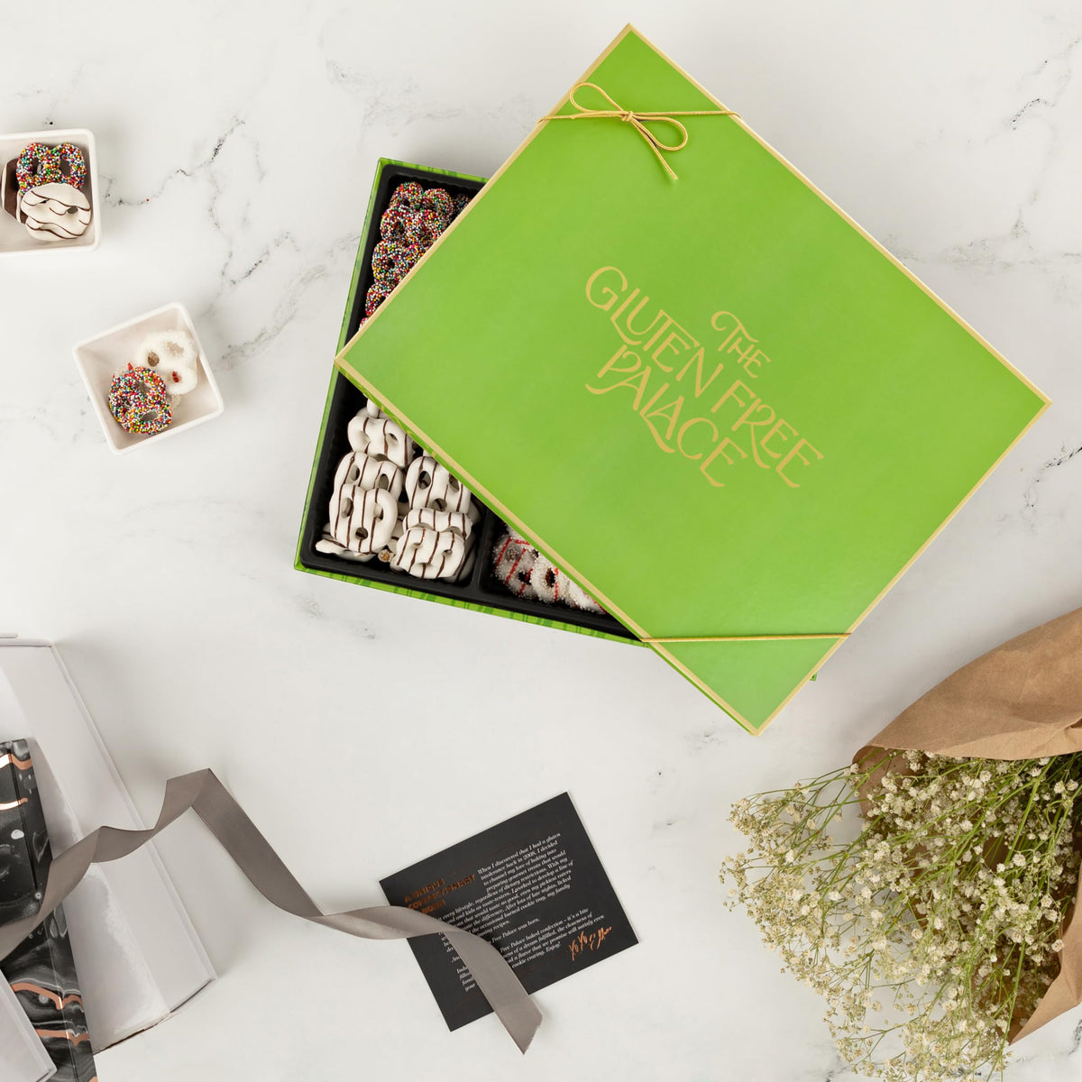 Premium chocolate coating on Gluten Free Palace pretzels in a glossy finish