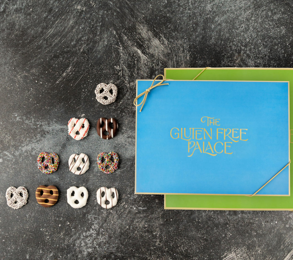 GLUTEN FREE PALACE mixed-flavor pretzels inside box offering satisfying crunch.