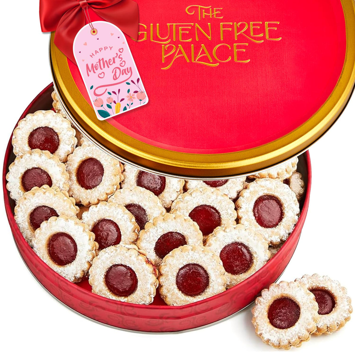 Gluten Free Palace raspberry linzer tart cookies in a gift tin, ideal for gifting and celebrations