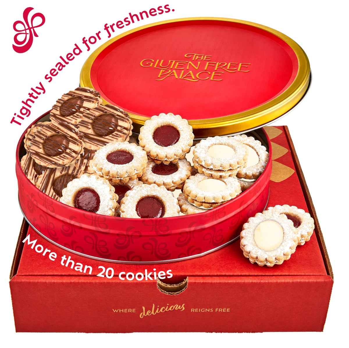 Gluten Free Palace Raspberry Linzer Tart cookies with fruity jam