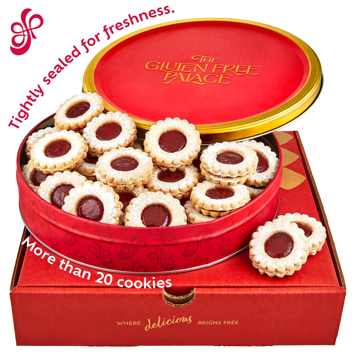Gluten Free Palace red tin gift box with elegant cookies ready for dessert trays