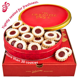 Gluten Free Palace red tin gift box with elegant cookies ready for dessert trays
