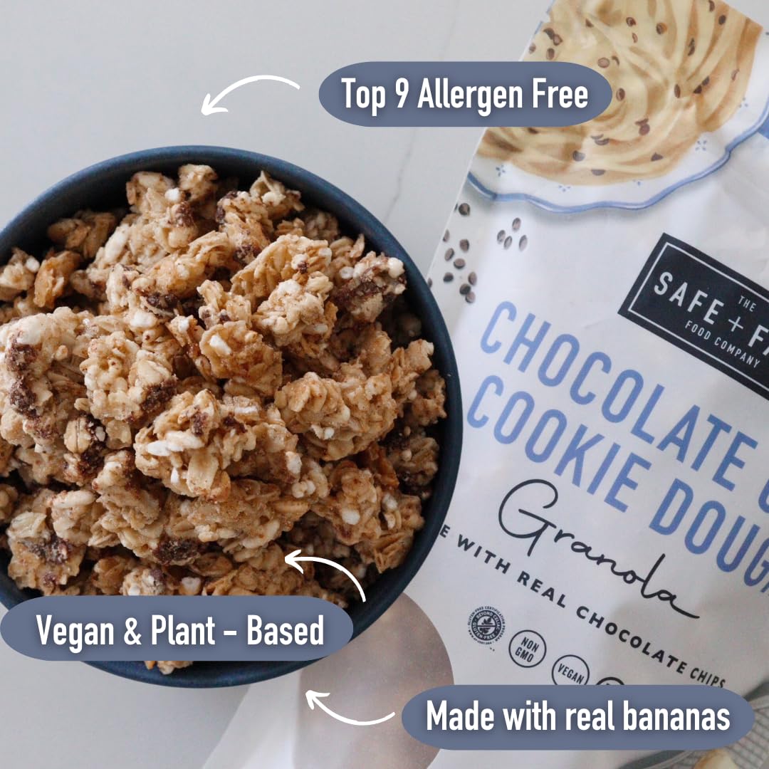 Gluten-free vegan granola serving on a spoon, showcasing wholesome grains and chips.