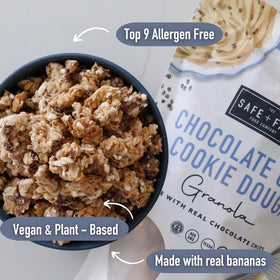 Gluten-free vegan granola serving on a spoon, showcasing wholesome grains and chips.