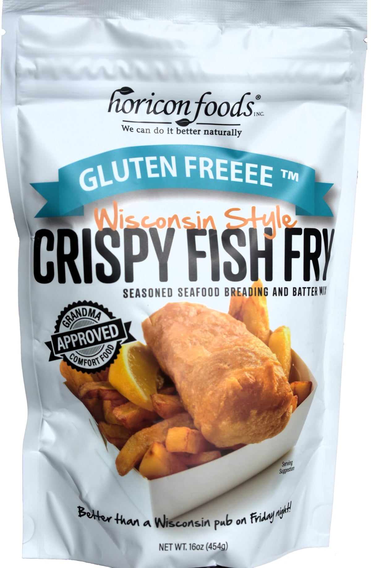 Glutenfreeee seasoned breading mix on Wisconsin-style fish for crisp flavor.
