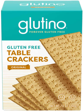 Glutino gluten-free table crackers 3-pack back view, ideal with dips and toppings.