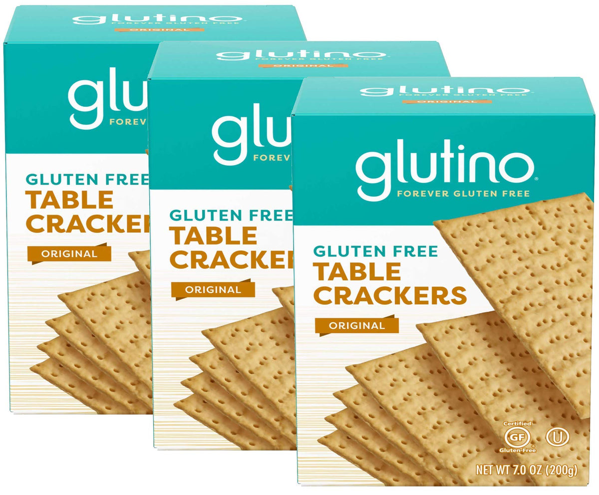 Glutino gluten-free table crackers 3-pack front view for quick gluten-free snacking.