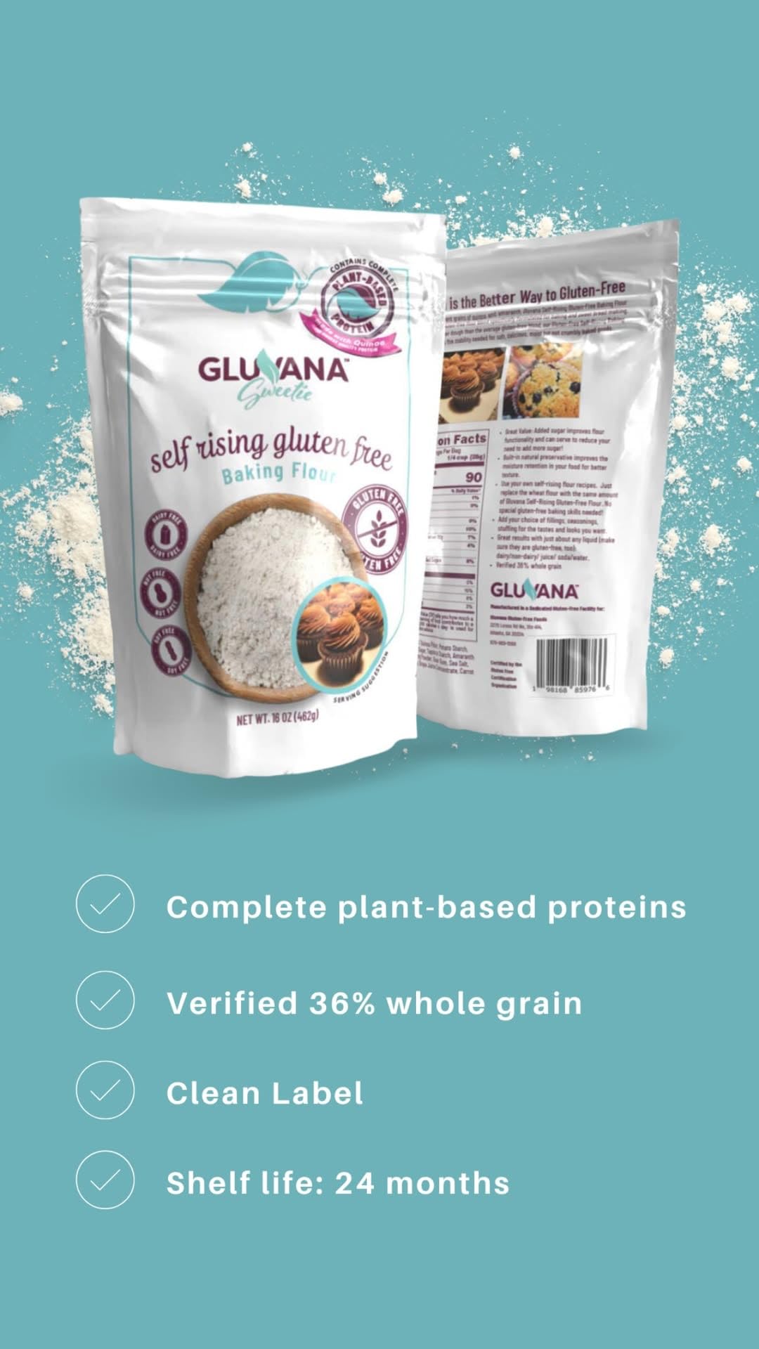 Gluvana bag opened reveals light flour texture for baking.