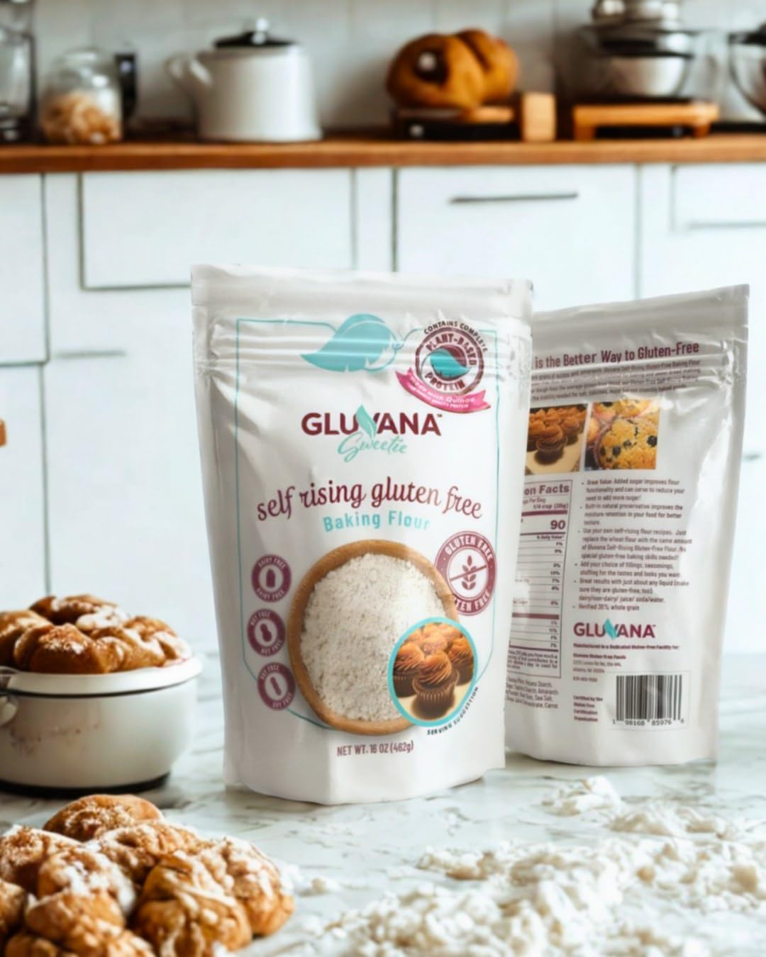 Gluvana flour label emphasizes clean label and moisture retention.