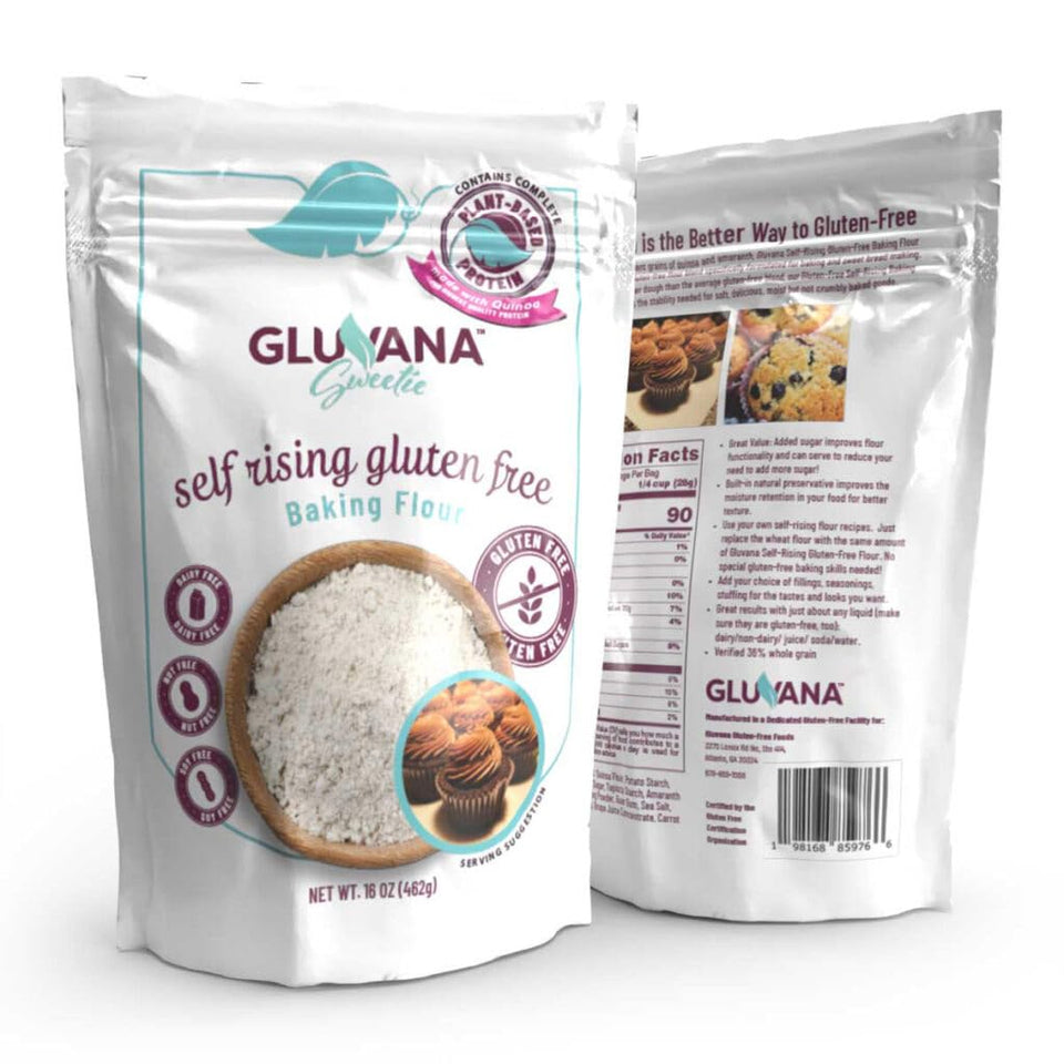 Gluvana self-rising gluten-free flour package highlighting high-protein blend.