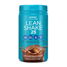 GNC Total Lean Lean Shake 25 bottle shows high-protein meal replacement