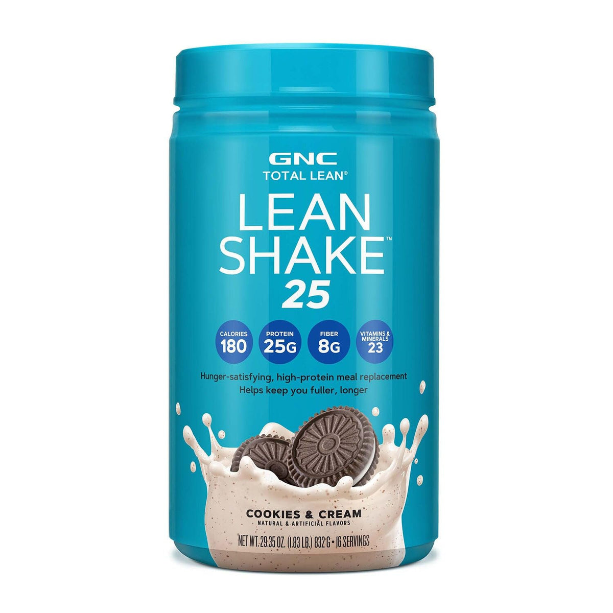 GNC Total Lean Lean Shake 25 Cookies and Cream bottle, convenient meal replacement for busy days