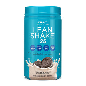 GNC Total Lean Lean Shake 25 Cookies and Cream bottle, convenient meal replacement for busy days