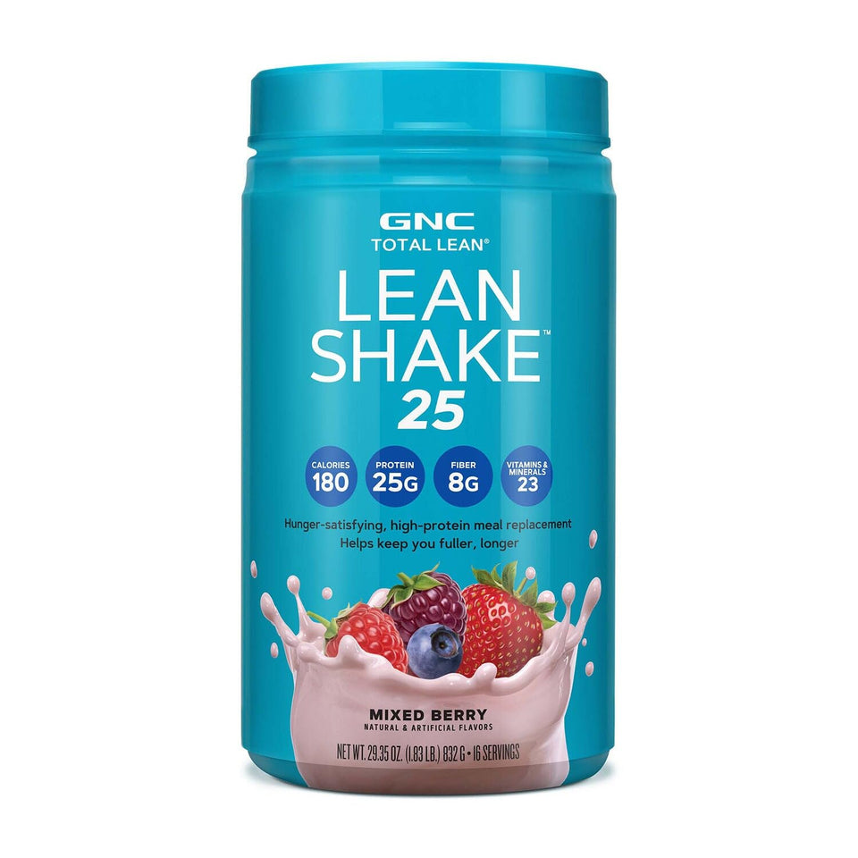 GNC Total Lean Lean Shake 25 mixed berry tub with protein and nutrition highlights.