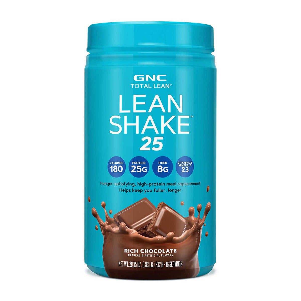 GNC Total Lean Lean Shake 25 Rich Chocolate bottle for convenient meal replacement.