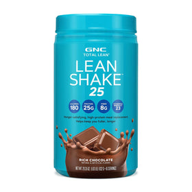 GNC Total Lean Lean Shake 25 Rich Chocolate bottle for convenient meal replacement.