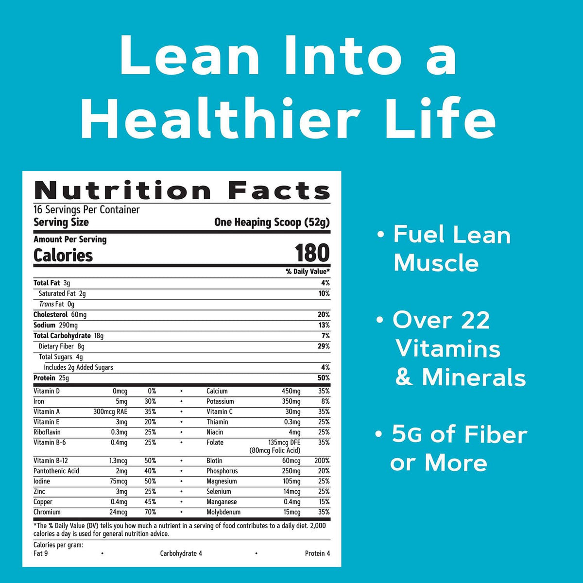 GNC Total Lean Lean Shake 25 Rich Chocolate label closeup highlighting 23 vitamins and minerals.