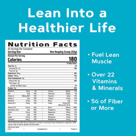 GNC Total Lean Lean Shake 25 Rich Chocolate label closeup highlighting 23 vitamins and minerals.