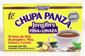 Cup of GN+Vida Chupa Panza tea steeping with warm aroma of ginger and pineapple.