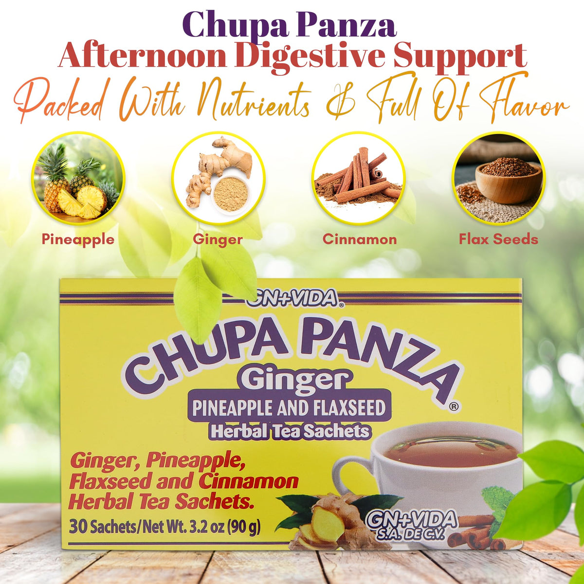 GN+Vida Tea CHUPA Panza steaming tea in a mug, inviting aroma.
