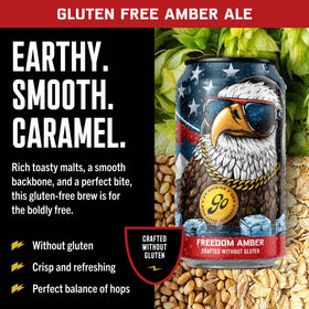 Go Brewing Freedom Amber 12-pack cans stacked for convenient everyday refreshment