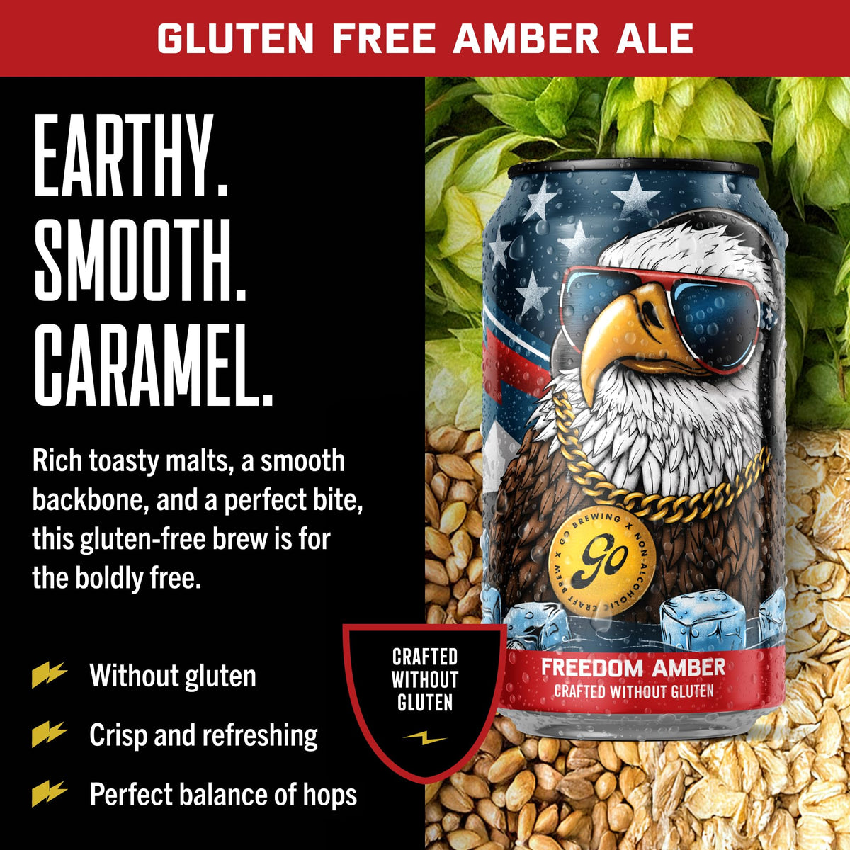 Go Brewing Freedom Amber taste-profile closeup suggests earthy, balanced flavors for non-alcoholic enjoyment.