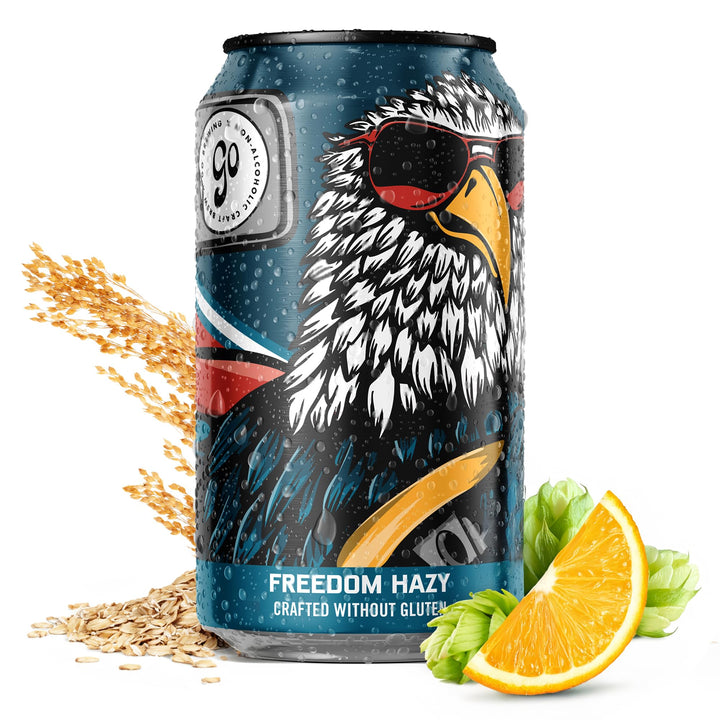 Go Brewing Freedom Hazy IPA can close-up, refreshing non-alcoholic option.
