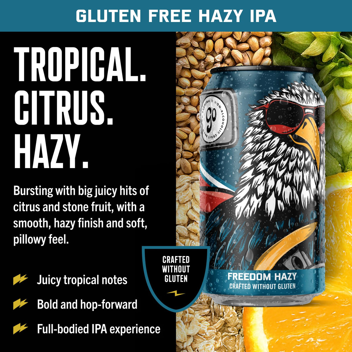 Go Brewing Freedom Hazy IPA glass pour highlights smooth hazy body and balanced mouthfeel.