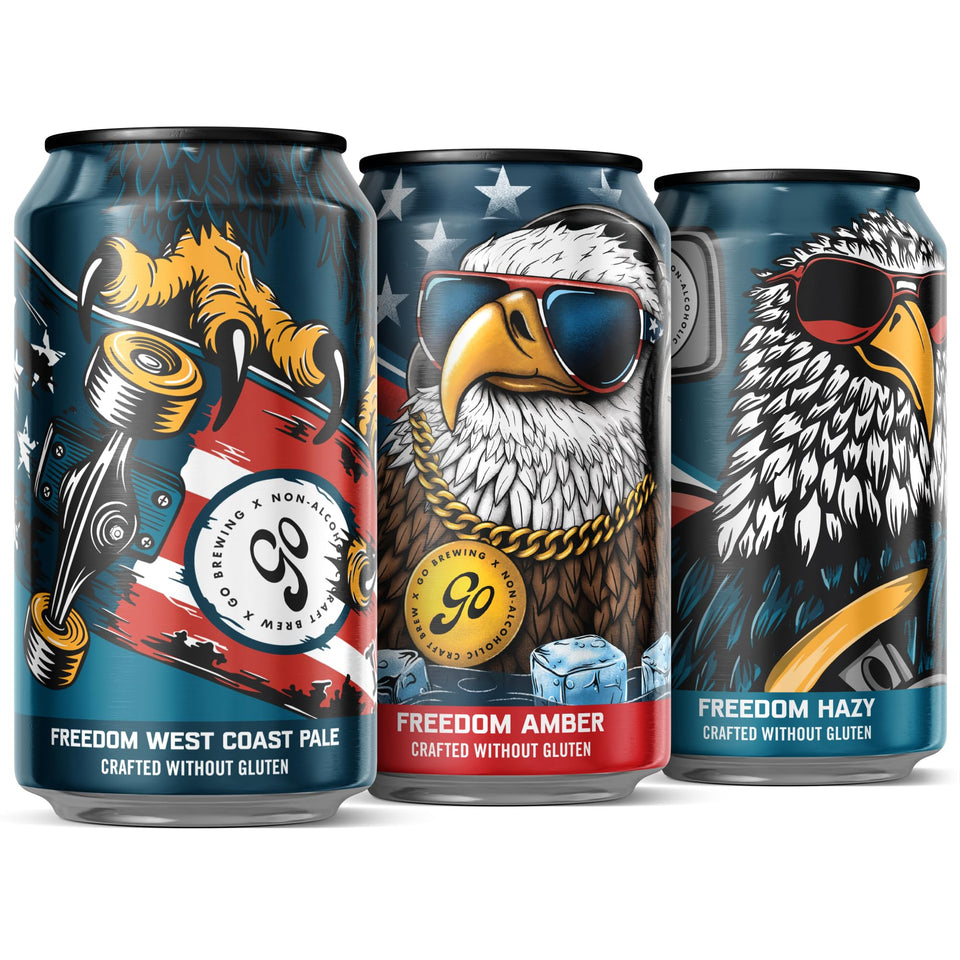 Go Brewing Freedom West Coast Pale can shows bold citrus flavor and gluten-free craft.