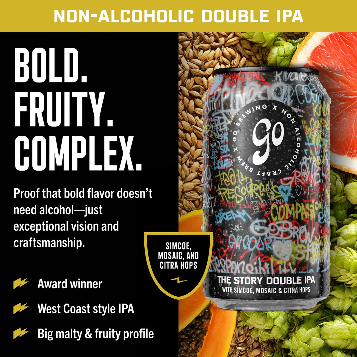 Go Brewing Not Just Another Story Double IPA label closeup highlights grapefruit and papaya.