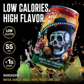 Go Brewing Salty Lime AF Chelada can on a sunny beach — low-calorie option.
