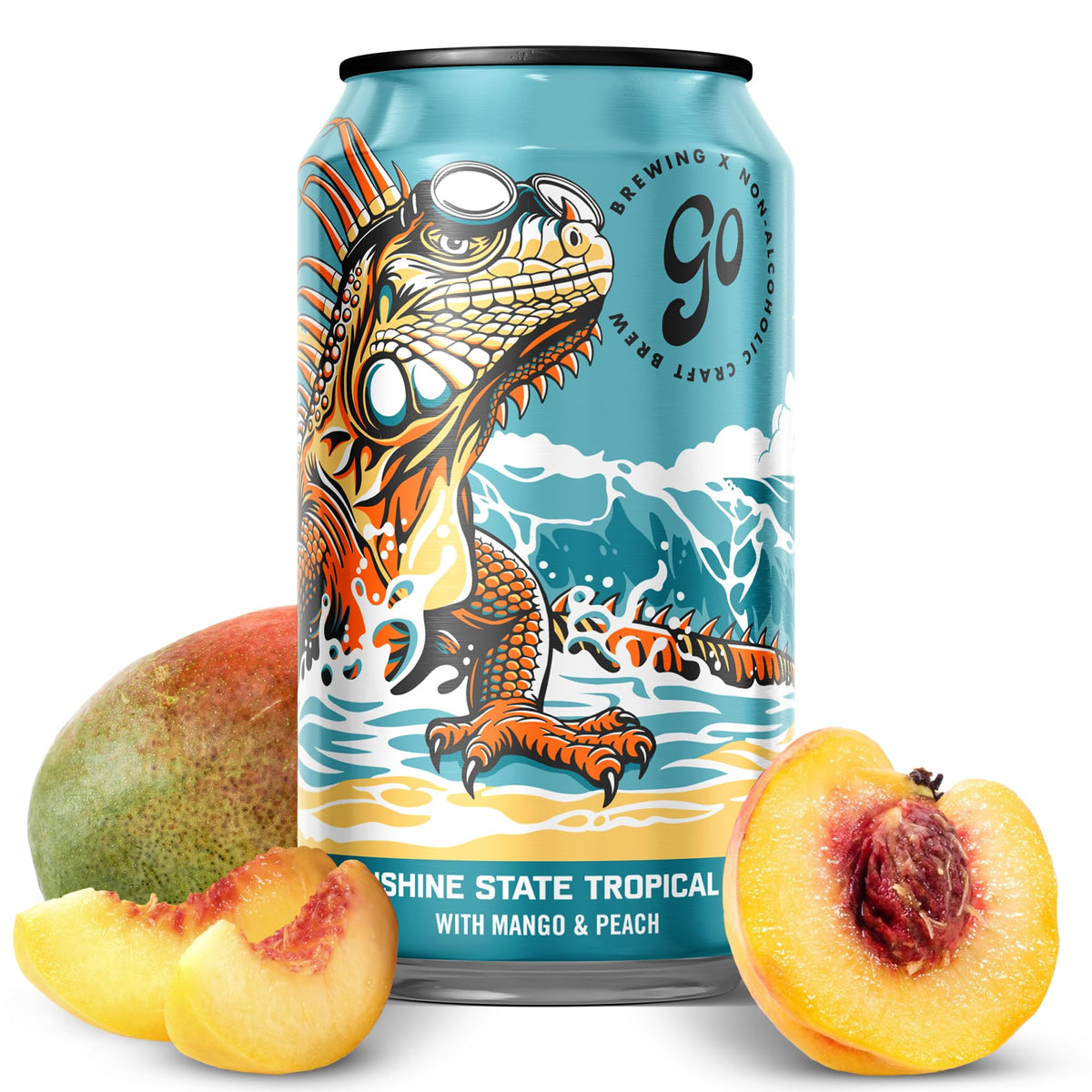 Go Brewing Sunshine State IPA can showcases tropical mango and peach aroma, a refreshing non-alcoholic option.