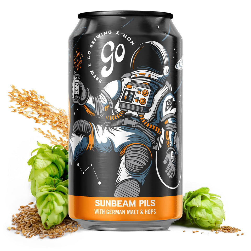 Go Brewing Suspended in a Sunbeam Pils can front with fresh label for a floral, refreshing break.