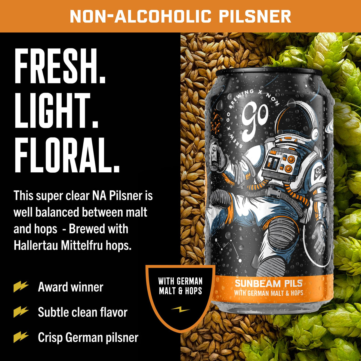 Go Brewing Suspended in a Sunbeam Pils label closeup highlights crisp, low-calorie appeal.