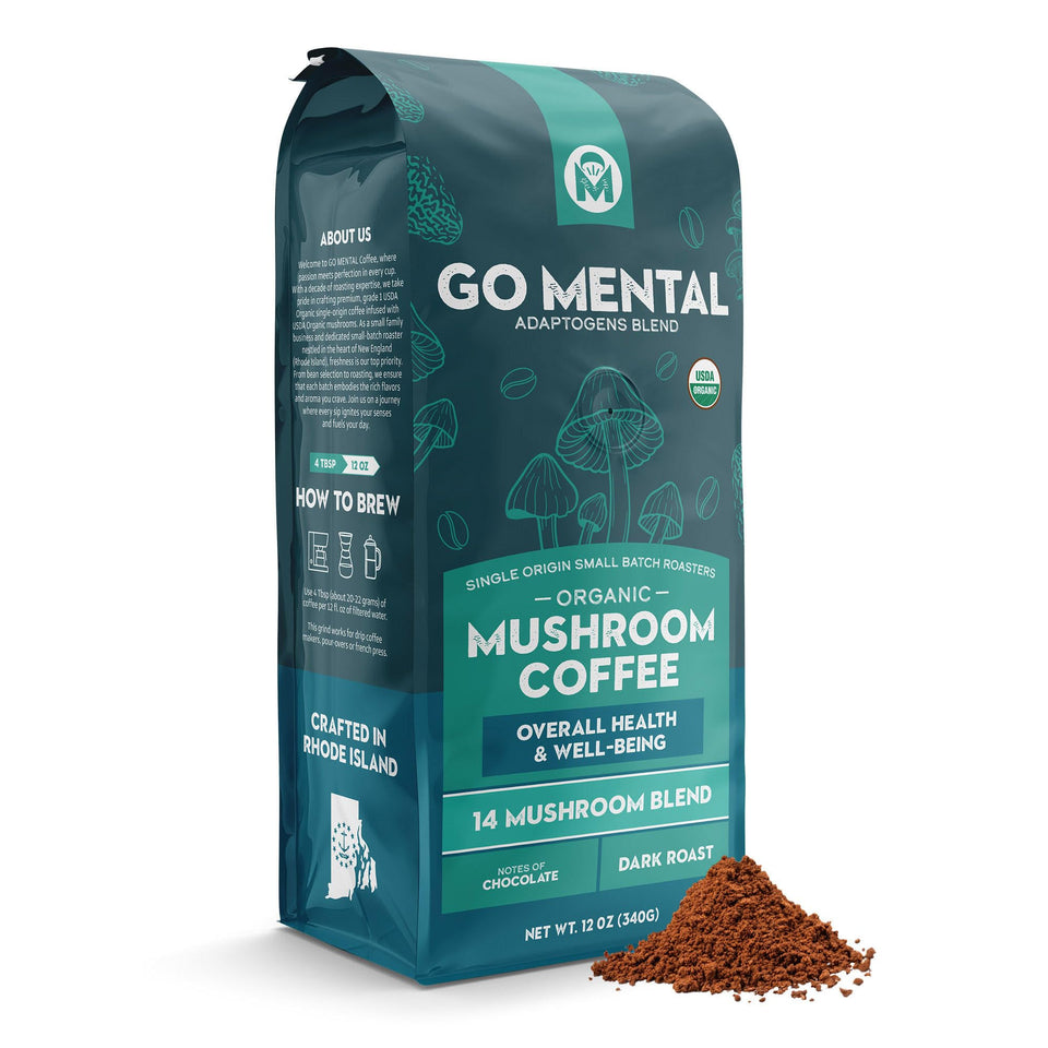 GO MENTAL 14-mushroom coffee bag showing organic blend for a balanced morning