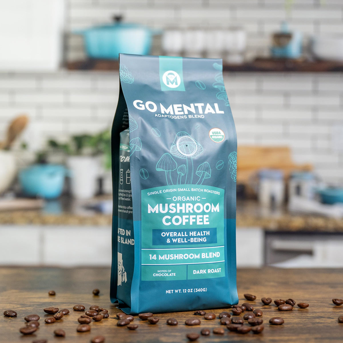 GO MENTAL coffee jar on shelf conveying premium product appeal