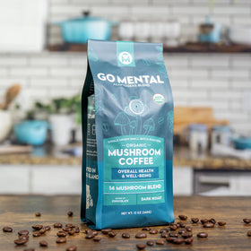 GO MENTAL coffee jar on shelf conveying premium product appeal