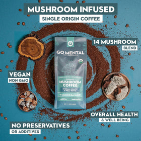 GO MENTAL ingredient label on packaging featuring 14 mushrooms.