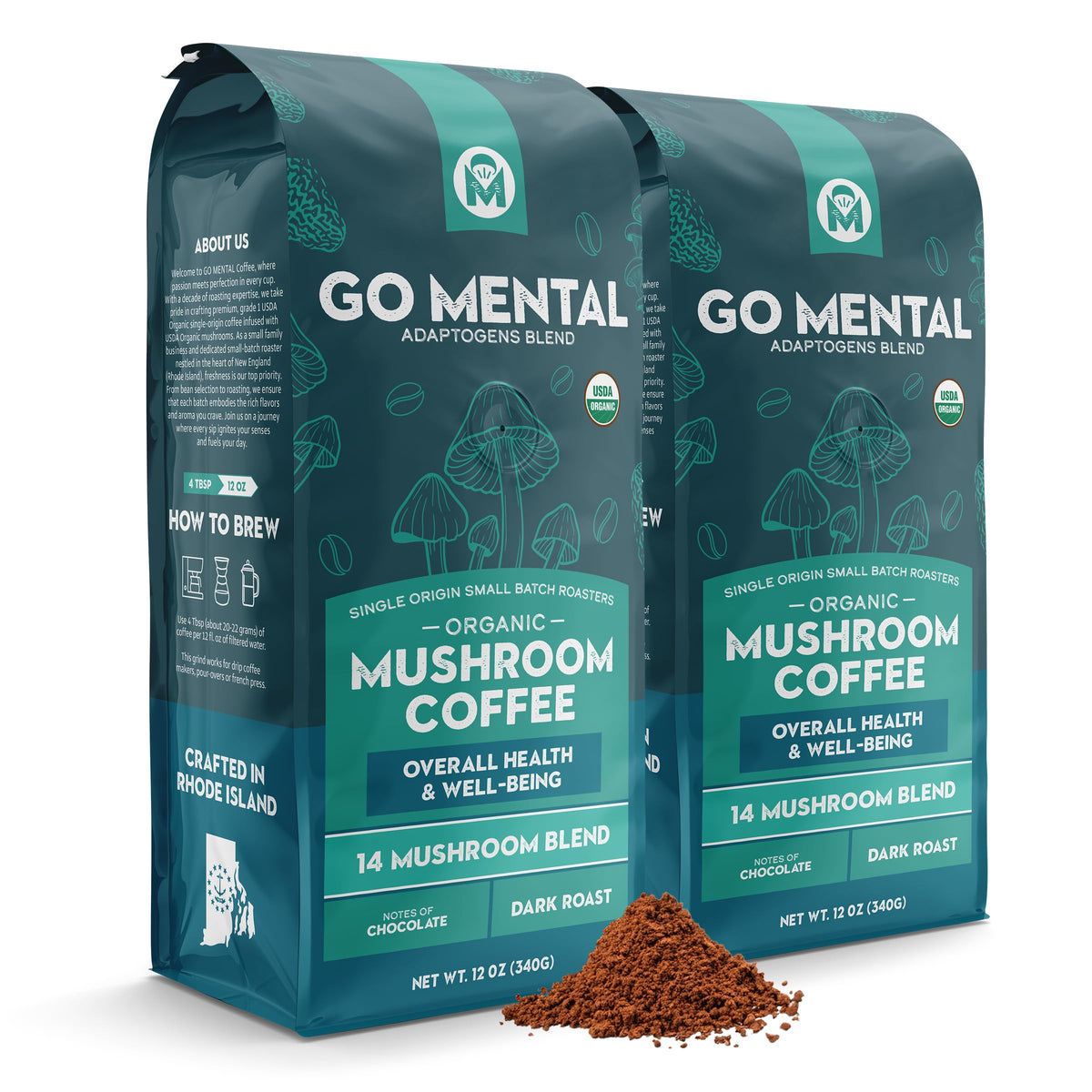 GO MENTAL organic 14-mushroom coffee bag showing premium blend for mindful mornings.